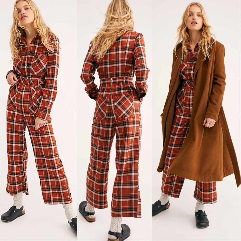 NWT Free People All About You Orange Plaid Belted Pocket Jumpsuit 10